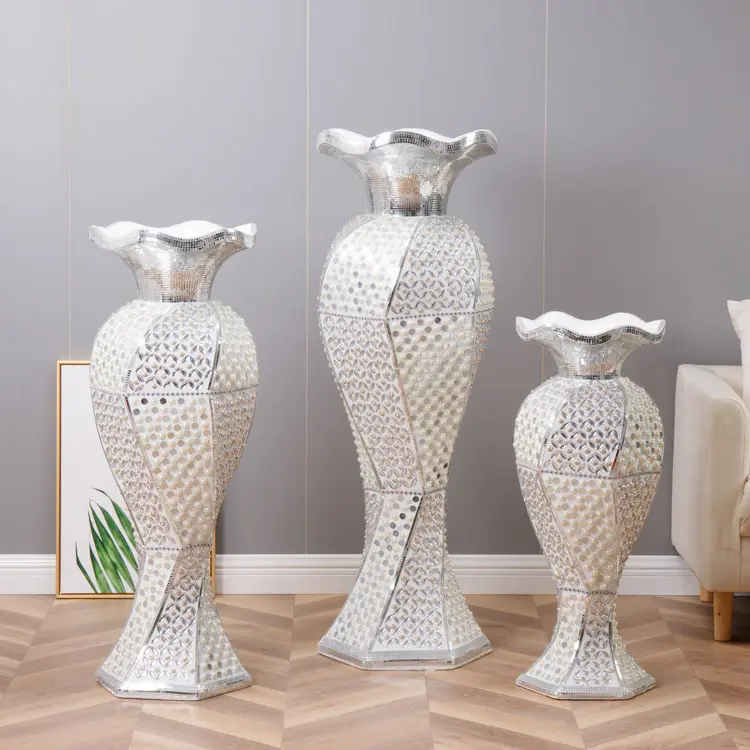 Hj230038 Custom Wit Zilver Kralen Huis Decoratieve Grote Grote Grote Vloer Pot Vaas Groothandel Bloemenvaas Voor Woondecoratie