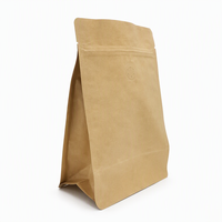 Pochette à fond plat en kraft naturel avec valve de dégazage unidirectionnelle, fermeture éclair refermable, soufflet latéral, étiquette privée, en stock