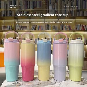 Custom 30OZ Logo Gradient Stainless Steel Tumbler New Colorful Summer Water <b>Bottle</b> Portable Handle <b>Coffee</b> Drinking Cup Straw - Product Image 1