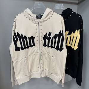 Chaqueta con cremallera de alta calidad, 100% algodón grueso, con estampado vintage de estilo urbano 'Mixed Emotions' y rotos, para hombre, tipo sudadera con capucha. - Product Image 1