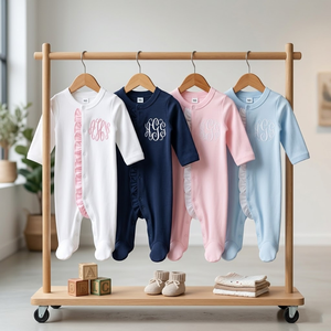 Combinaison pour bébé fille <span class=keywords><strong>brodée</strong></span> sur mesure, à volants, manches longues, en coton, pyjama à pieds intégrés, pour nouveau-né, une pièce - Product Image 1