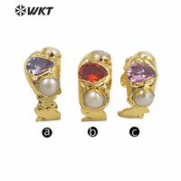 Bague de cocktail WT-MPR011 WKT exclusive en perle naturelle et pierre CZ, pour femme, plaquée or, avec pierre de lave irrégulière
