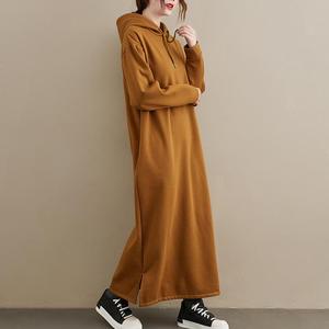 2024 nouveau Style décontracté <span class=keywords><strong>automne</strong></span> <span class=keywords><strong>hiver</strong></span> ample couleur unie Maxi coton surdimensionné noir à capuche à manches longues robes femmes avec poches - Product Image 3