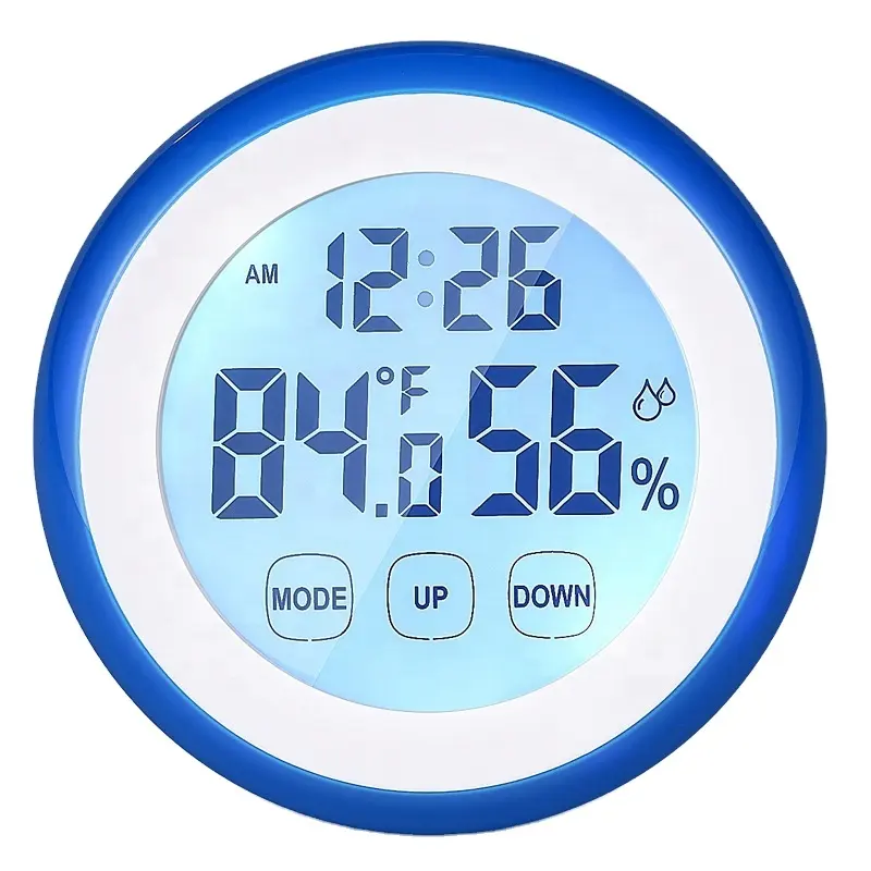 Pantalla táctil redonda electrónica LCD Digital Eal, humedad y temperatura con <span class=keywords><strong>reloj</strong></span>