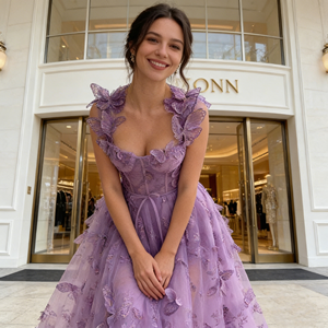 فستان سهرة أنيق بلون الليلك طويل بدون أكمام مع ظهر مفتوح وتطريز دانتيل وفراشات ثلاثية الأبعاد - Product Image 1