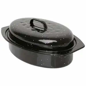 Rôtissoire à dinde en émail de forme ovale noire de 13 ''pouces avec couvercle Émail tacheté sur acier Ustensiles de cuisine Émail Rosting Pot de poulet