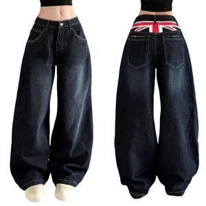 Jeans de Mezclilla de Tiro Bajo y Pierna Ancha para Mujer, Corte Único en el Dobladillo, Ecológicos, Ajuste Holgado, Estampado en la Espalda, Ropa Casual de Verano para la Calle - Product Image 1