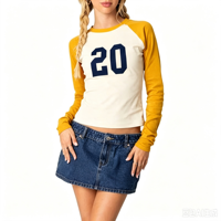 Camiseta Corta de Manga Larga para Mujer de Alta Calidad con Estampado de Números, Bloques de Color, Ajuste Delgado, Estilo Béisbol, Vintage, Casual, Streetwear