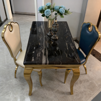 Set Meja Makan Marmer Mewah Nordik - Rangka Baja Tahan Karat Berlapis Emas Meja Makan Modern dengan Kursi untuk Vila & Apartemen