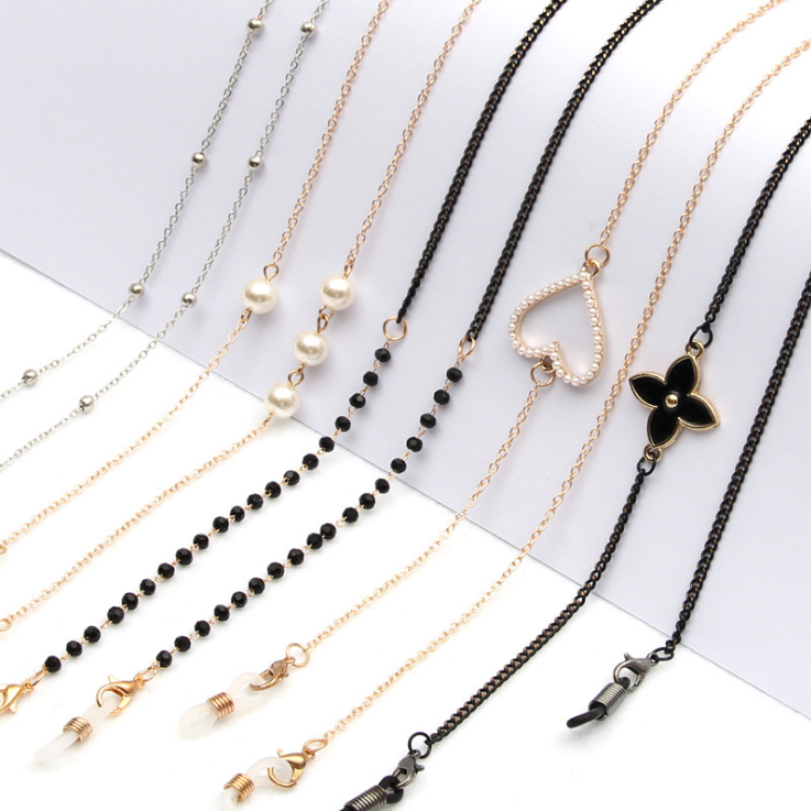 2023 металлическая цепочка для очков с жемчугом/цепочка для солнцезащитных очков в форме сердца с силиконовым кольцом для женщин