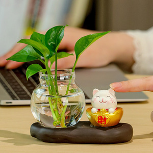 Cute Cartoon Lucky Cat Hydroponic Vase Round Resin Tabletop Decor For Chinese New Year Office Desk Decoration - Product Image 3