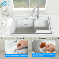 Évier de cuisine moderne en pierre de quartz fait main à double bac, design carré, avec égouttoir et robinet simple en acier inoxydable (sans vanne)