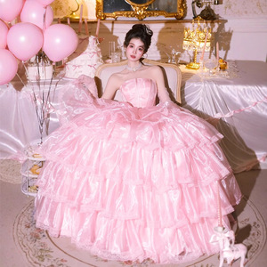 Strapless Pink Satin Ball <b>Gown</b> Dress Empire Waistline Vintage Style For <b>Birthday</b> Party <b>Photoshoots</b> - Product Image 5
