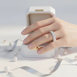 Bague de fiançailles en or massif de haute qualité 18 carats 14 carats or blanc 5*3 mm ovale <span class=keywords><strong>7</strong></span> pièces demi-pavé diamant de laboratoire - Product Image 4