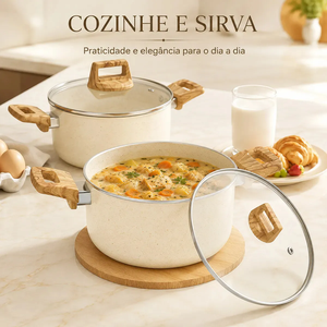 Ollas y Sartenes de Alta Calidad con Asas de Madera Suave al Tacto, Juego de Utensilios de Cocina de Aluminio Antiadherente de Cerámica Beige - Product Image 3