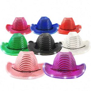 Custom Unisex PINK Led Jazz Light up <b>SEQUIN</b> Cowgirl Cowboy Hat Wholesale White Western Women Men Party HAT - Product Image 1