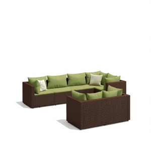 Ensemble de salon de jardin en rotin vert brun, 7 pièces, pour la détente en plein air - Product Image 1
