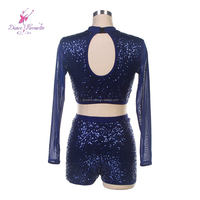 20508 Costume de danse lyrique bleu marine en spandex à sequins avec pantalon, robe de ballet, tenue de scène