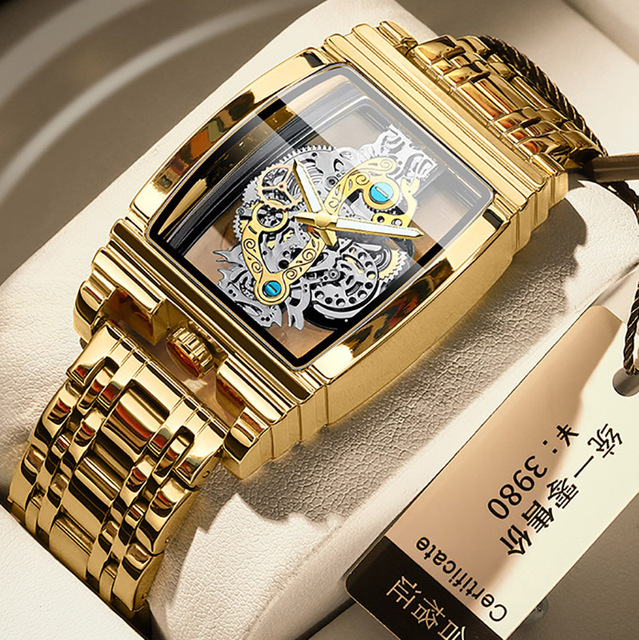 Unique Designer Men's Hollow Transparent Back Gold Skeleton Luxury Sport Quartz Watch with Leather Strap Stainless Steel Case