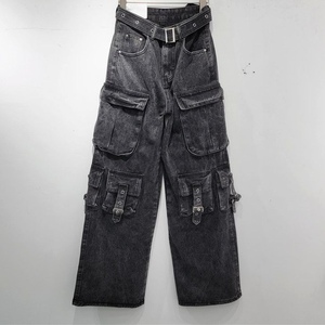 Jean de travail noir multi-poches pour femme, taille haute, coupe ample, jambe large, style décontracté et tendance - Product Image 2