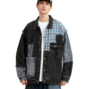 TKAN393 personnalisé automne Vintage marque hommes Denim veste en détresse détails Unique tissu bloquant Patchwork lavé vêtements d'extérieur - Product Image 1
