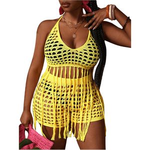 Ensemble de plage 2 pièces en coton 100 % pour femme grande taille, avec haut dos nu à franges ajourées et short taille élastique coupe ample - Product Image 1