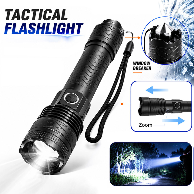 Zoomable LED Flashlight Emergency Torch Window Breaker Handheld Light for Car Camping Hiking