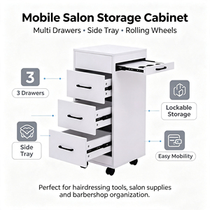 White Mobile Salon Trolley Cabinet With 3 <b>Drawers</b> Side Bottle Tray Rolling Wheels <b>Lockable</b> Storage Barber Tool Cabinet For Salon - Product Image 1