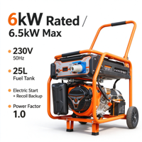 Générateur portable 6 kW 230 V 50 Hz 6,5 kW max, réservoir de carburant 25 L, démarrage électrique pour atelier, restaurant, petite usine de transformation