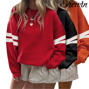Shewin abbigliamento da <span class=keywords><strong>donna</strong></span> 2025 girocollo da college rosso nero arancione <span class=keywords><strong>felpa</strong></span> a tracolla con bracciolo a righe a righe sulla manica - Product Image 1