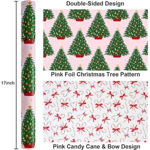 Yarcony Girl Christmas Wrapping Paper Roll 17 Inch X 33 Feet Pink Tree <b>Candy</b> <b>Cane</b> Bow Design Easy Tear Decorative Paper - Product Image 3