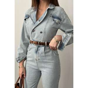 Wholesale Blue Denim Overalls for Summer Loose-Fitting High-Waist <b>Cargo</b> Pants with Printed Logo Casual Streetwear <b>Y2K</b> Style - Product Image 2