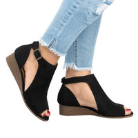 Sandales compensées confortables en cuir PU pour femmes avec bout ouvert