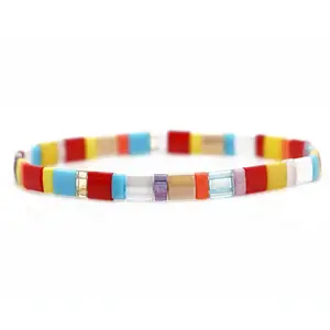 Miyuki-pulsera de la Amistad elástica hecha a mano para mujer, cuentas de semilla de cristal de medio Tila, color rojo, amarillo y azul, Bohemia, venta al por mayor