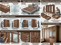 Armoire intégrée classique moderne, du sol au plafond, texture bois, avec portes vitrées et tiroirs multi-niveaux