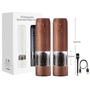 Wood Grain Long Style Electric Salt And Pepper Grinder Set USB Rechargeable Pepper Mill Grinder