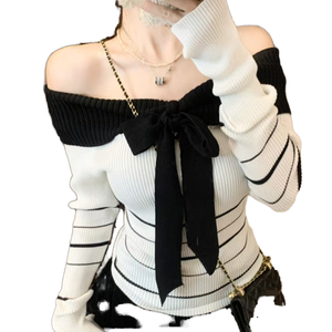 Customizable Elegant <b>Off</b>-Shoulder Women's Sweaters Anti-Wrinkle Color Block <b>Striped</b> Tops Bow Breathable for Winter Front - Product Image 1
