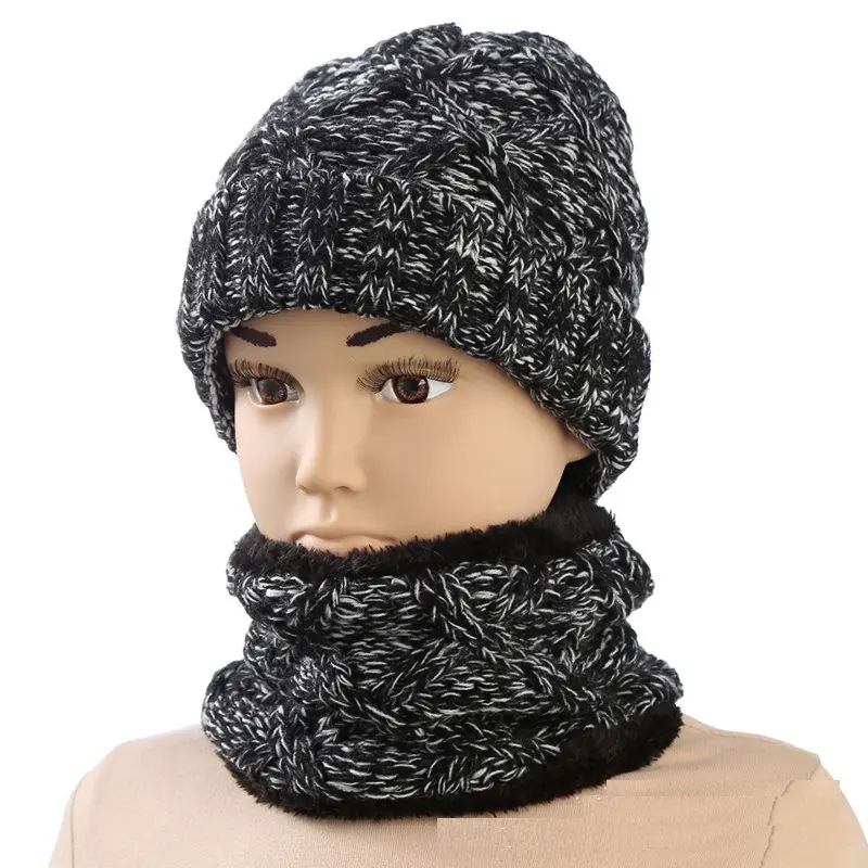 Wholesale Acrylic Wool Knitted Fleece Winter Snood Kids Winter Hat Scarf Sets