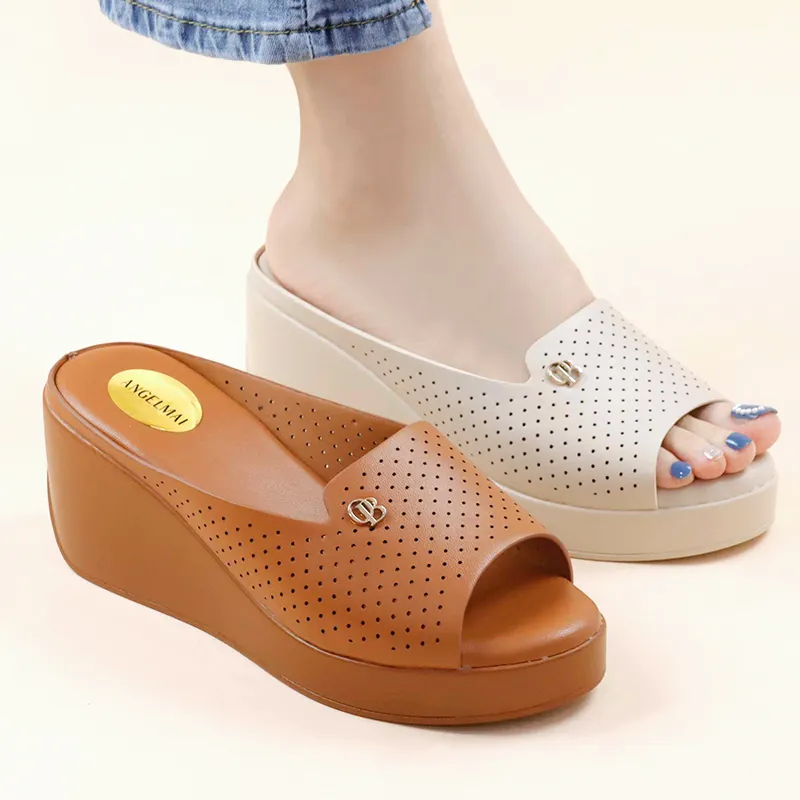 Sandalias con punta de plataforma abierta para mujer, zapatillas gruesas con tacón de cuña, informales, al por mayor, 2022