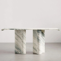 Console d'entrée en marbre veiné vert, plateau flottant rectangulaire, pieds en pierre sculptée ondulée, pour la maison de rêve