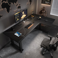 Bureau informatique réglable en hauteur, table assis-debout, surface en cuir, bureau en bois