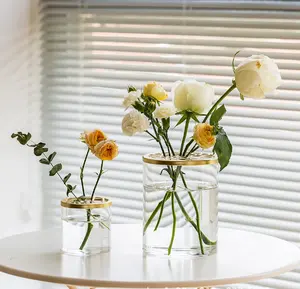 Vaso de vidro transparente, atacado personalizado alta cilindro de vidro flor vaso com tampa de malha de metal