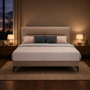 Lit avec tête de lit incurvée, panneau capitonné à volants, cadre en cuir rembourré, pieds en métal, taille King, pour chambre de villa - Product Image 3