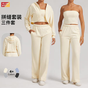 Allure Body Women's Hooded Crop <b>Top</b> And Wide Leg Pants Set <b>Long</b> <b>Sleeve</b> Loose Fit Yoga Wear For Young Women - Product Image 4