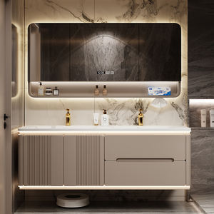 Mueble de Baño Listo para Armar, Mueble de Baño de 60 Pulgadas con Doble Lavabo y Encimera de Piedra de una Sola Pieza para Baño