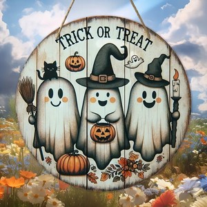 Panneau rond en bois fantôme d'Halloween pour décoration extérieure, plaque « Trick or Treat » en buis - Product Image 1
