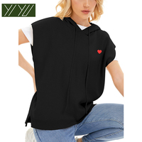 Gilet pull tricoté sans manches pour femme, personnalisé, à capuche, avec broderie cœur rouge, cordon de serrage, fente latérale, coupe ample, décontracté, pour superposition