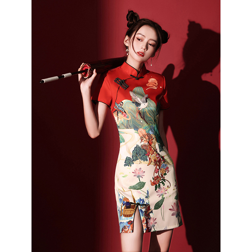 2025 Cheongsam Short Modified Red Bridesmaid Dress - Elegant 2025 Cheongsam Short Modified Red Bridesmaid Dress - Elegant