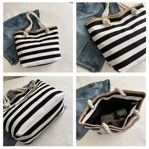 Bolso de mano personalizado de gran capacidad con diseño de rayas, bolso de lona para la playa, bolso de compras con cremallera, bolso de hombro para viaje. - Product Image 6
