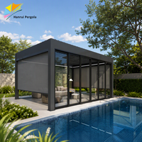 Pergola extérieure haut de gamme en aluminium très robuste 5x5m avec stores à lamelles déroulables et éclairage